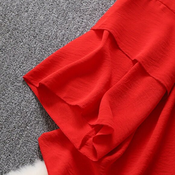 Red Glam Women's V-Neck Asymmetrical Tie-Up Long Sleeve Loose Mini Dress - Picture 7 of 8